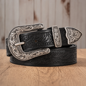 2026 Wholesale Western <b>Belt</b> Black Floral Tooled Leather <b>Belt</b> for Men & Women with Antique <b>Silver</b> Engraved Pin <b>Buckle</b> Cowboy - Product Image 3