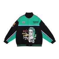 Blouson de course vintage personnalisé OEM pour homme, noir et vert, avec blocs de couleur, imprimé graphique Anime Girl, patchs brodés, style motard et universitaire