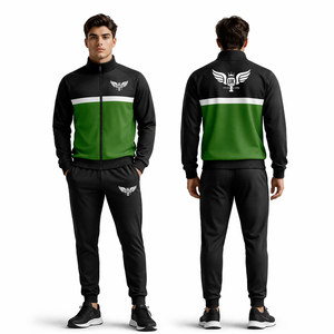 ชุดวอร์มผู้ชายสีดำเขียวแบบกำหนดเอง เสื้อแจ็คเก็ตซิปเต็มตัว กางเกงจ็อกเกอร์ ชุดกีฬา ชุดออกกำลังกาย ชุดวิ่ง ชุดฟิตเนส ชุดแอคทีฟแวร์ โลโก้แบบกำหนดเอง - Product Image 1