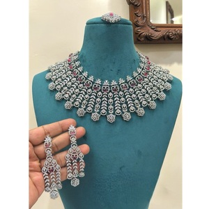 STUNNING SPARKLES Pretty Premium Quality Trendy Brass Silver Plated Zircon <b>Bridal</b> <b>Necklace</b> <b>Earring</b> <b>Set</b> Women's Wedding - Product Image 2