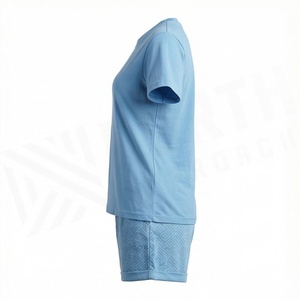 Women's 2 Piece <b>Knitted</b> Short Sleeve T Shirt and Above Knee Shorts <b>Set</b> Solid Light Blue Casual Wear Spring Summer Breathable - Product Image 3