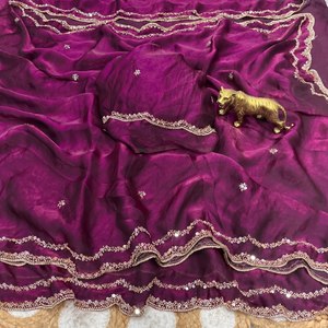 Fandy <b>Satin</b> Silk <b>Saree</b> with Original Rose Gold Beads Work Cutwork Border Designer Party Wear <b>Saree</b> with Heavy Worked Blouse - Product Image 3