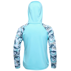 Light Blue Long Sleeve Hooded Fishing Shirt With Sublimation Print Pattern Anti <b>UV</b> <b>Protection</b> UPF 50 Polyester Material - Product Image 2