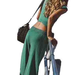 Customized Cotton Women's Green Sporty 2 Piece <b>Set</b> Sleeveless Crop Top Full Length Pants Breathable Knit Activewear Summer <b>Set</b> - Product Image 2