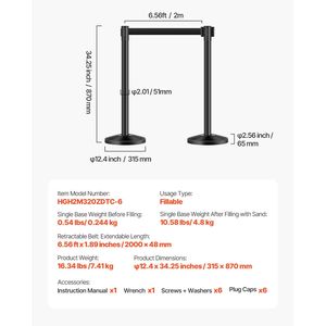 6 Pezzi Pali Delimitatori Neri in Acciaio al Carbonio con Cinghie Retrattili, Base Cava a Iniezione di Sabbia, Prodotti per il Controllo Accessi - Product Image 4