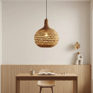 Abat-jour suspendu en jacinthe d'eau, style bohème, tissé à la main en fibres naturelles, provenance durable, finition en acier poli - Product Image 2