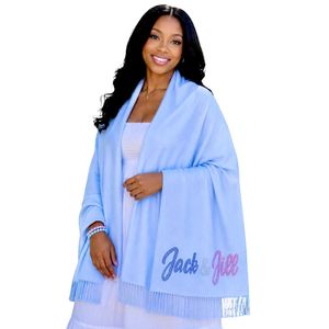 Women's Light Blue Open Front Wrap <b>Cardigan</b> with Fringe Trim and Jack & Jill Embroidery, Long Sleeve Soft Layering Shawl - Product Image 1
