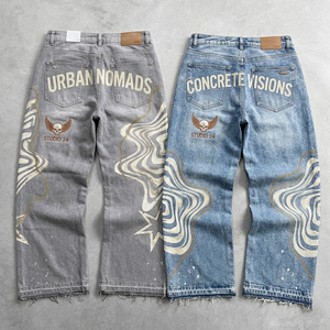 Jean pour homme tendance streetwear personnalisé, denim délavé foncé, taille mi-haute, coupe ample et large, léger et décontracté - Product Image 3