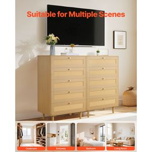 Comò Moderno a 5 Cassetti in Rattan Naturale per Camera da Letto con Maniglie in Metallo e Gambe in Legno - Product Image 6