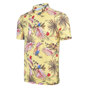 Performance <b>Men's</b> Yellow <b>Tropical</b> Floral Parrot Print Short Sleeve Golf Polo <b>Shirt</b> Casual Polo <b>Shirt</b> Button Collared Casual Top - Product Image 1