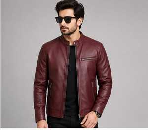 High Quality Men's <b>Burgundy</b> <b>Leather</b> Moto <b>Jacket</b> Stand Collar Zipper Closure - Product Image 1