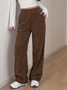 Women's Brown Corduroy Wide Leg Pants Casual <b>Elastic</b> <b>Waist</b> <b>Trousers</b> <b>with</b> Pockets - Product Image 5