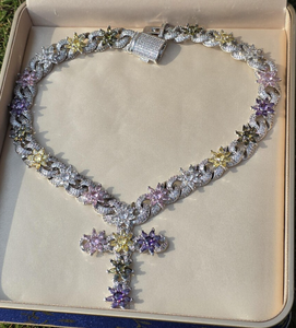 Collier en argent 925 plaqué or avec pendentif croix, moissanite taille cœur, pendentif fleur, chaîne à maillons, bijoux de luxe personnalisés pour cadeau ou fête - Product Image 1