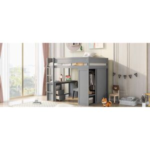 Letto a soppalco in legno a grandezza naturale con armadi e scrivania a 2 cassetti con mobiletto, colore grigio - Product Image 5