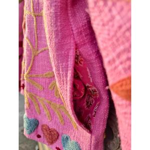 Boho Pink Embroidered Quilted Jacket For Women Handmade Floral Cotton Coat Vintage Ethnic Oversized Winter <b>Cardigan</b> - Product Image 5