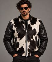 Blouson Bomber en Cuir Véritable de Vache avec Poils pour Homme, Blouson Varsity Personnalisé en Cuir de Vache Noir et Blanc, Vêtement d'Extérieur Premium Streetwear pour Homme