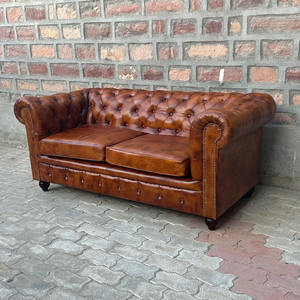 Sofá de Cuero Marrón Clásico, Respaldo con Botones, Brazos Enrollados, Estructura de Madera, Forma de L, Sofá de Dos Plazas para Sala de Estar de Lujo - Product Image 4