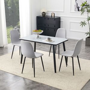 Tavolo da Pranzo Moderno Bianco con Texture Effetto Marmo, Piano in Vetro, Base Inferiore in MDF Nero, Gambe in Metallo Nero, Set Tavolo e Sedie per Ristoranti - Product Image 3