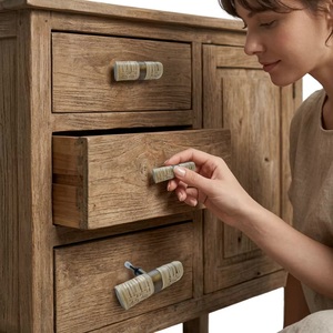 Handmade Natural Rattan Woven Wood T-Bar Knobs <b>Rustic</b> Industrial Design Furniture Handles Dresser Cabinet Drawer Pulls - Product Image 2