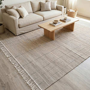 Flat Weave Cotton Area Rug Beige Tone With Fringe Living Room Non Slip Rug 8x10 Decorative Farmhouse Rug Geometric Design <b>Mat</b> - Product Image 1