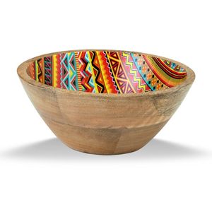 Tazón de madera de mango hecho a mano con interior geométrico esmaltado en naranja y blanco, diseño moderno para servir comida, decoración del hogar. - Product Image 2