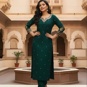 Ensemble Kurta et pantalon en soie romaine brodée verte avec dupatta, col cœur, coupe droite longueur mollet, tenue ethnique pour femme - Product Image 1