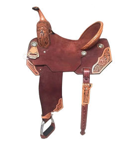 Selle de cheval Western en cuir brun rugueux à assise rigide, avec décorations florales et patchs, pour barrel racing, avec arceau en plastique, haute qualité, tailles 10"-18" - Product Image 1