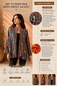 Chaqueta Kimono Ligera Tejida para Mujer con Estampado Madhubani, Seda Tusser, Color Azul Pavo Real y Naranja, Frente Abierto, Tela Satén - Product Image 6