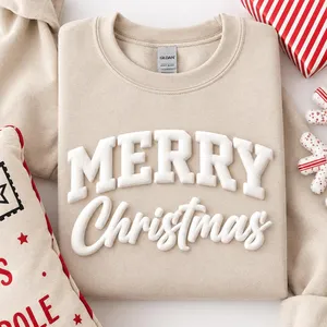 Merry Christmas Puff Print Crew Neck Sweatshirt Unisex Regular Fit Knitted Cotton Winter Casual Pullover - Product Image 1