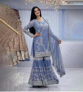 Robe ethnique moderne indienne et pakistanaise en tissu faux georgette lourd, ensemble sharara et palazzo de créateur avec dupatta, prêt-à-porter - Product Image 1