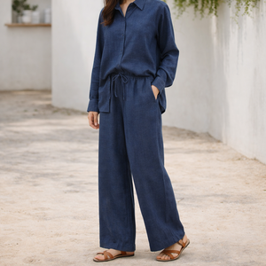 กางเกงผ้าลินินผสมสำหรับผู้หญิง เอวยางยืด ทรงตรง เอวกลาง ทรงหลวม สวมใส่สบาย ระบายอากาศได้ดี แต่งลูกไม้ ลายเรียบ สำหรับฤดูใบไม้ร่วง ODM - Product Image 5