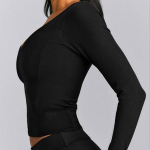 Compression Quick Dry Four Way Stretchable Women's Deep Neck Anti-Pilling Material Ribbed Crop Length Exercise <b>Long</b> <b>Sleeve</b> - Product Image 3