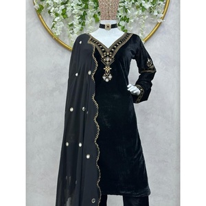 ด้ายกำมะหยี่แฟนซีพร้อมกระจกทำงานด้านบนด้านล่างมีสีดำ dupatta - Product Image 3