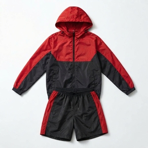 Ensemble de survêtement pour homme, veste à capuche et short, couleurs rouge et noir, style sportif, été, séchage rapide, polyester, 2 pièces - Product Image 5