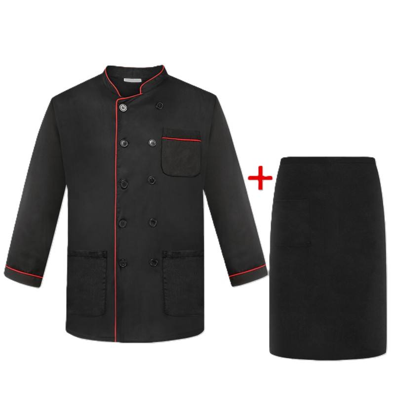 Noir avec bordure rouge, manches longues + tablier