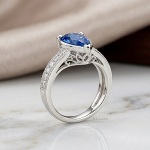 Anillo de Compromiso Ovalado con Diamante Azul, Banda Nupcial con Pavé, Oro Blanco, Joyería Fina - Product Image 3