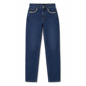Jeans de Cintura Alta para Mujer, Estilo Boyfriend, con Adorno de Perlas en el Bolsillo, Color Índigo, Tallas Grandes Disponibles - Product Image 1