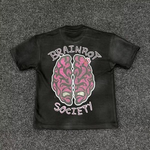 T-shirt noir à imprimé pailleté Brainrot Society pour homme, décontracté, à manches courtes, avec logo au dos, en popeline de coton, idéal pour l'été - Product Image 1