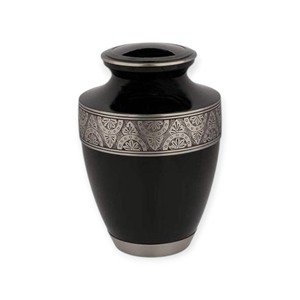 Urne funéraire noire et or ornée avec motif floral circulaire pour un hommage commémoratif traditionnel - Product Image 5