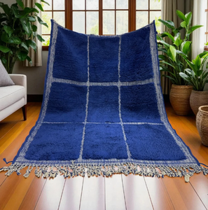 Alfombra marroquí anudada a mano, azul persa y blanca, de lana ecológica, antideslizante, de pelo medio, con diseño de pelo alto para sala de estar - Product Image 3