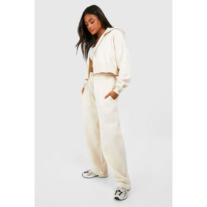 Conjunto de Top Corto con Capucha de Forro Polar Crema y Pantalones Anchos para Mujer, Estilo Casual, Holgado, de 2 Piezas, Color Sólido - Product Image 3