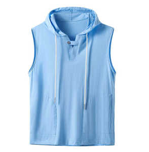 Men <b>Sleeveless</b> Hooded Vest Solid Light Blue Casual Summer Wear Regular Fit Pocket Design Modern Athletic Men <b>Sleeveless</b> <b>Hoodies</b> - Product Image 1