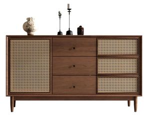 Aparador Moderno Minimalista Hecho de Madera de Teca y Ratán con Paneles de Ratán Natural Tejido - Product Image 1