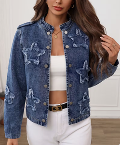 Hardihood International Veste en jean pour femme, imprimé floral, appliqués, délavage vieilli, style formel, respirante, coupe classique, automne - Product Image 1