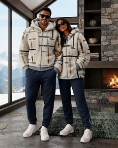 Men's Women Winter Premium Cotton Fleece <b>Sherpa</b> Zipper Stand Collar Front Logo <b>Hoodie</b> & Matching Tracksuit Set - Product Image 4