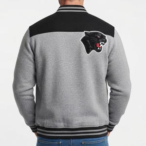 Chaqueta Varsity Negra y Gris para Hombre, Nueva, con Logotipo de Pantera Bordado en el Pecho, Estilo Casual para Otoño, Corte Regular, Cuello Camisero - Product Image 2