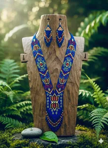 Trending style Handmade Blue Seed Bead <b>Necklace</b> Earrings Set | Tribal <b>Statement</b> Jewelry for christmas , wedding , party - Product Image 4