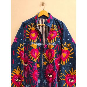 เสื้อโค้ทผู้หญิงลายหัวใจ ปักลายตา แจ็คเก็ตกำมะหยี่สีน้ำเงิน แขนยาว ปกคอพับ สำหรับฤดูใบไม้ร่วง - Product Image 5