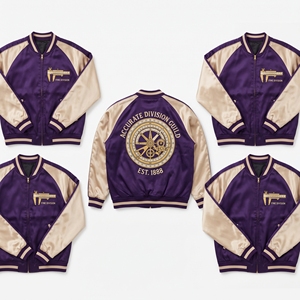 Blouson universitaire en satin de marque, avec fermeture éclair, manches raglan, violet beige, broderie graphique Caliper Gauge au dos, coupe-vent de baseball - Product Image 1