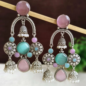 Pendientes de latón con piedras de moda Monalisa, chapados en plata, ligeros, a prueba de golpes, joyería tradicional india, accesorio al por mayor - Product Image 4